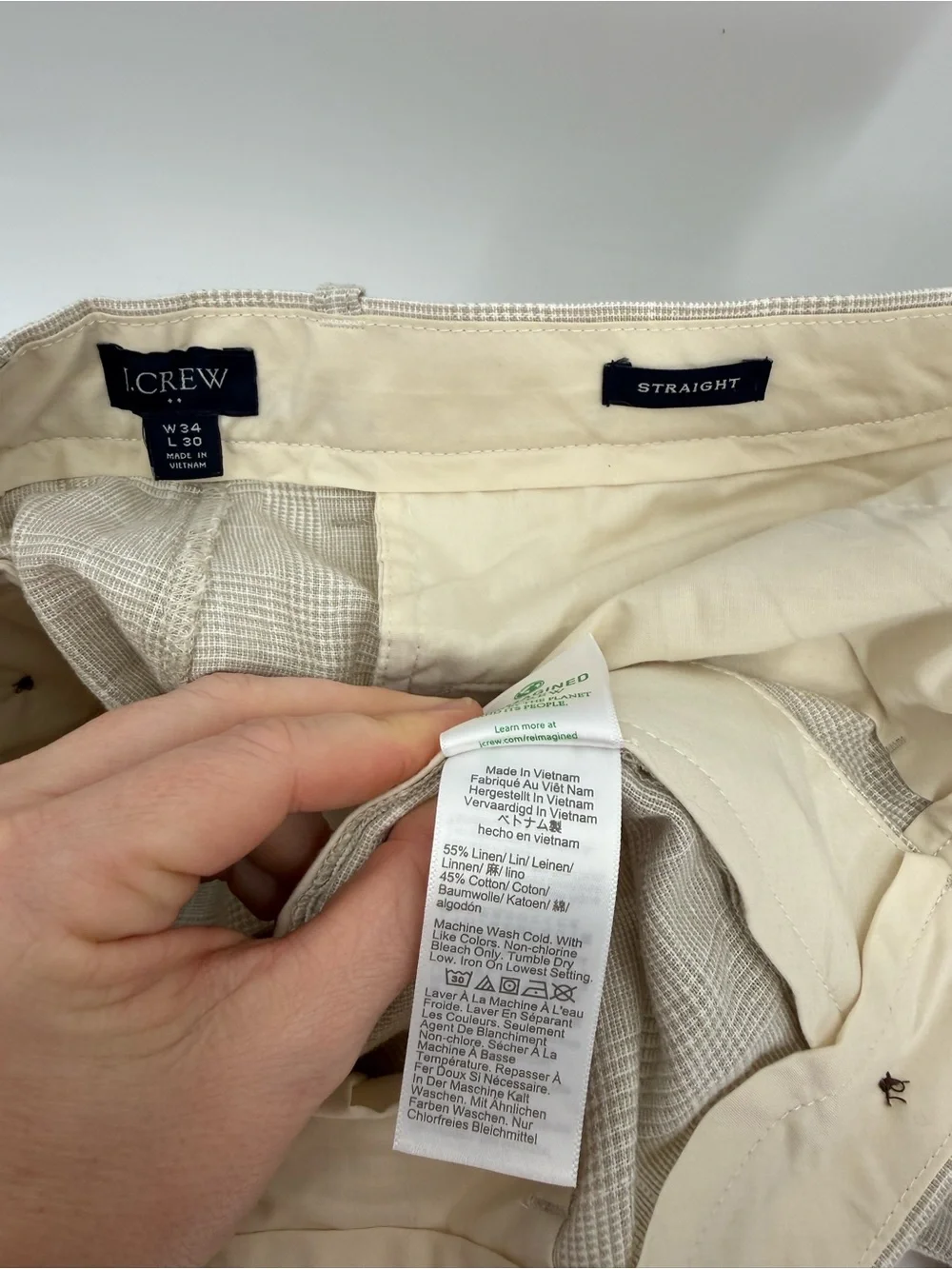 J.Crew Straight Fit Linen Cotton Pant | Natural White Glen Plaid | 34x30